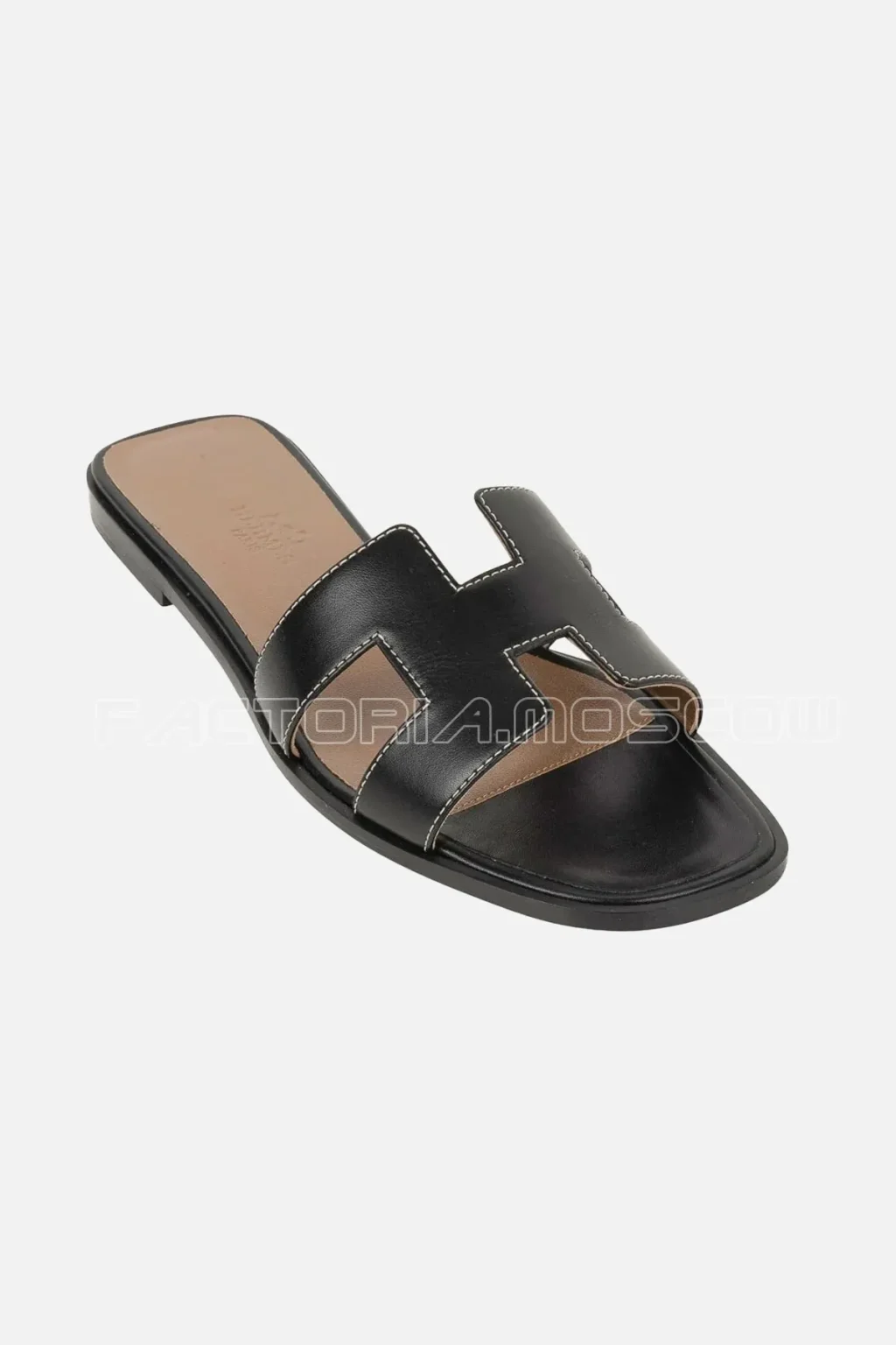 Hermes Shoes Flat Oran Sandal Black Calfskin White Top Stitch