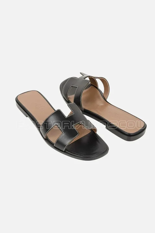 Hermes Shoes Flat Oran Sandal Black Calfskin White Top Stitch