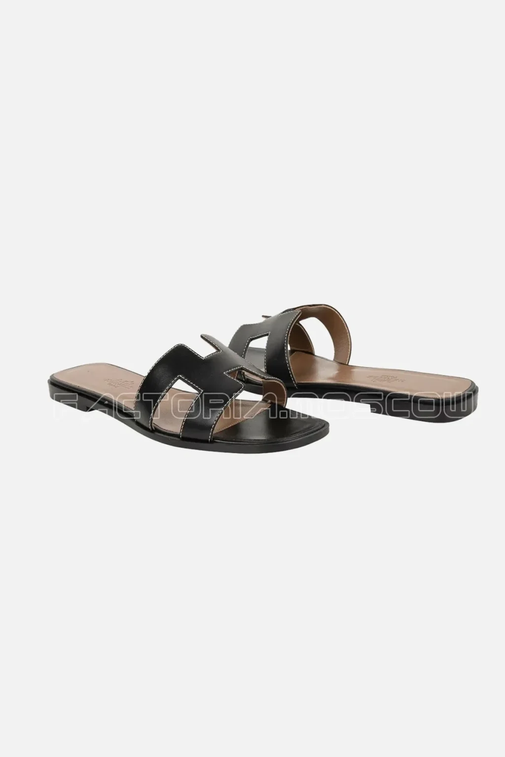 Hermes Shoes Flat Oran Sandal Black Calfskin White Top Stitch
