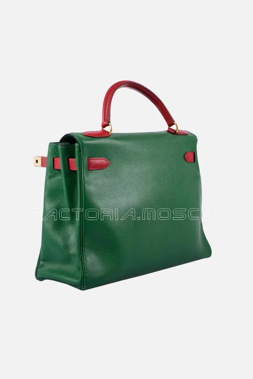 Hermes Kelly Retourne 32 Courchevel Colour Vert Claire/Rouge Vif GHW