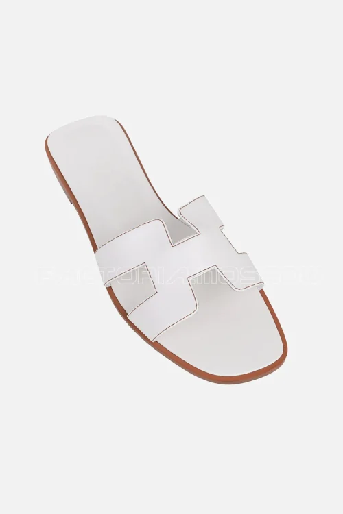 Hermes Oran Sandal White Calfskin Havane Top Stitch
