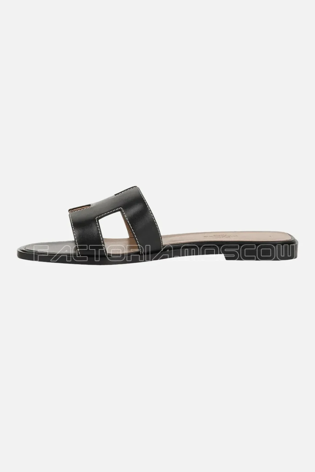 Hermes Shoes Flat Oran Sandal Black Calfskin White Top Stitch