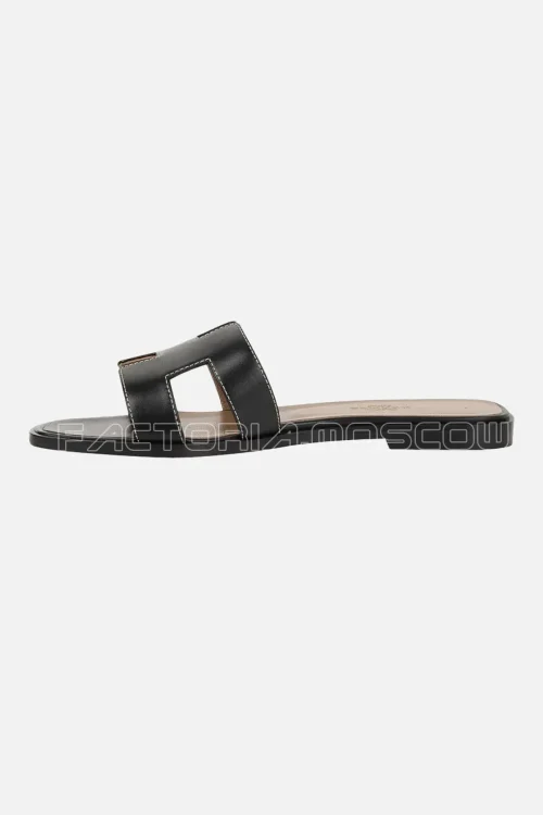 Hermes Shoes Flat Oran Sandal Black Calfskin White Top Stitch