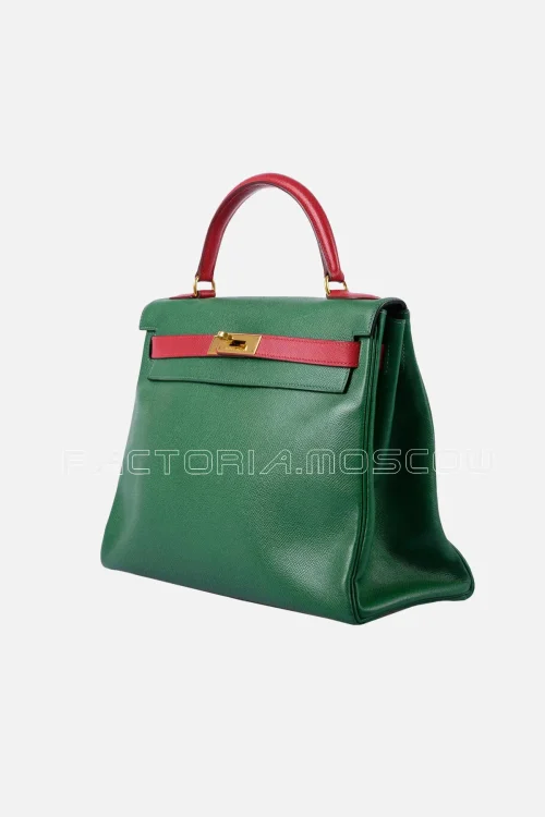 Hermes Kelly Retourne 32 Courchevel Colour Vert Claire/Rouge Vif GHW