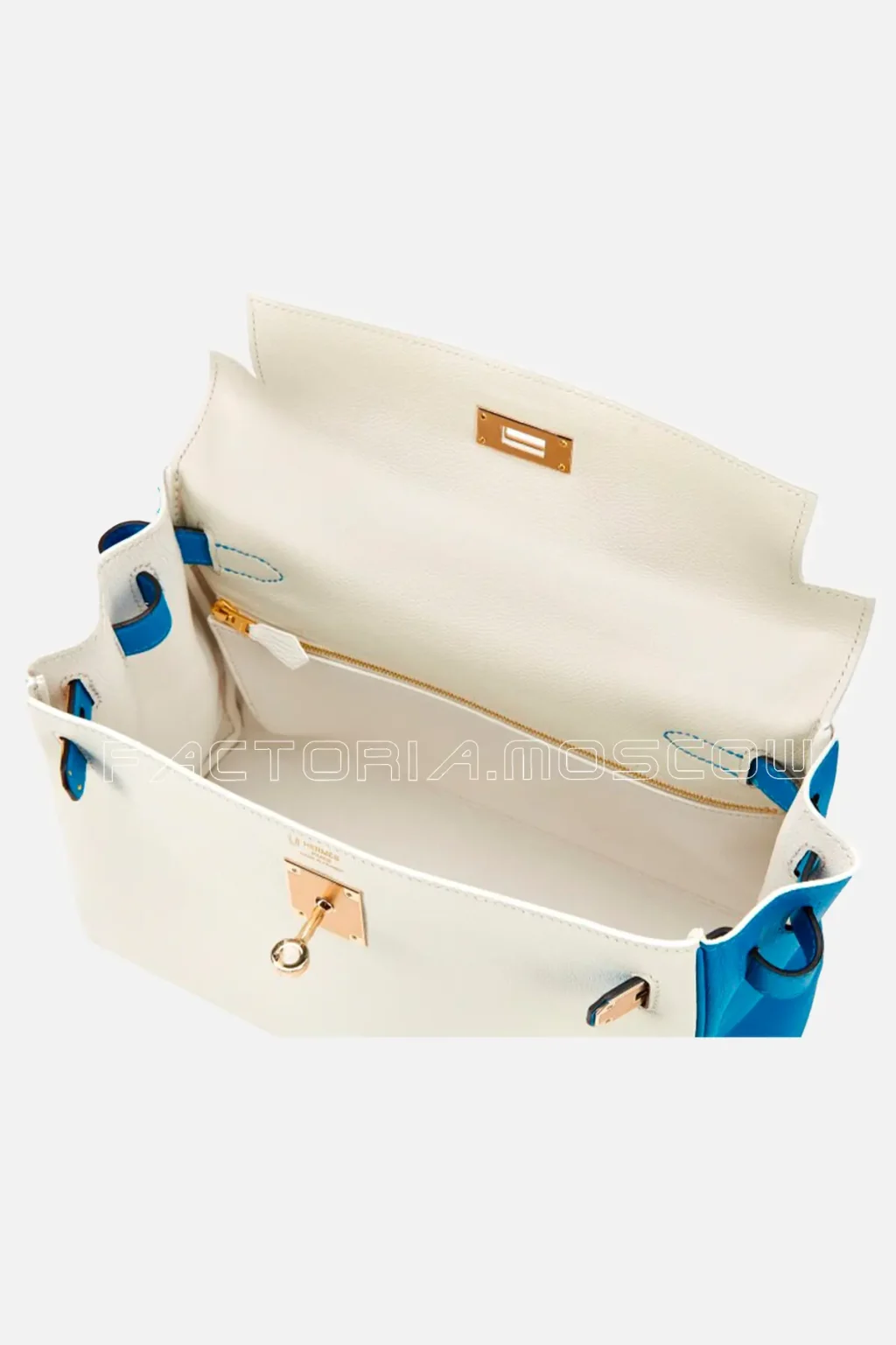 Hermès HSS Kelly Retourne 28 Evercolor White And Bleu Mykonos Permabrass Hardware