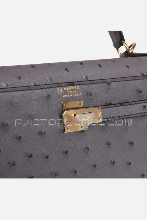 Hermès Special Order (HSS) Kelly Sellier 25 Gris Agate Verso Ostrich Permabrass Hardware