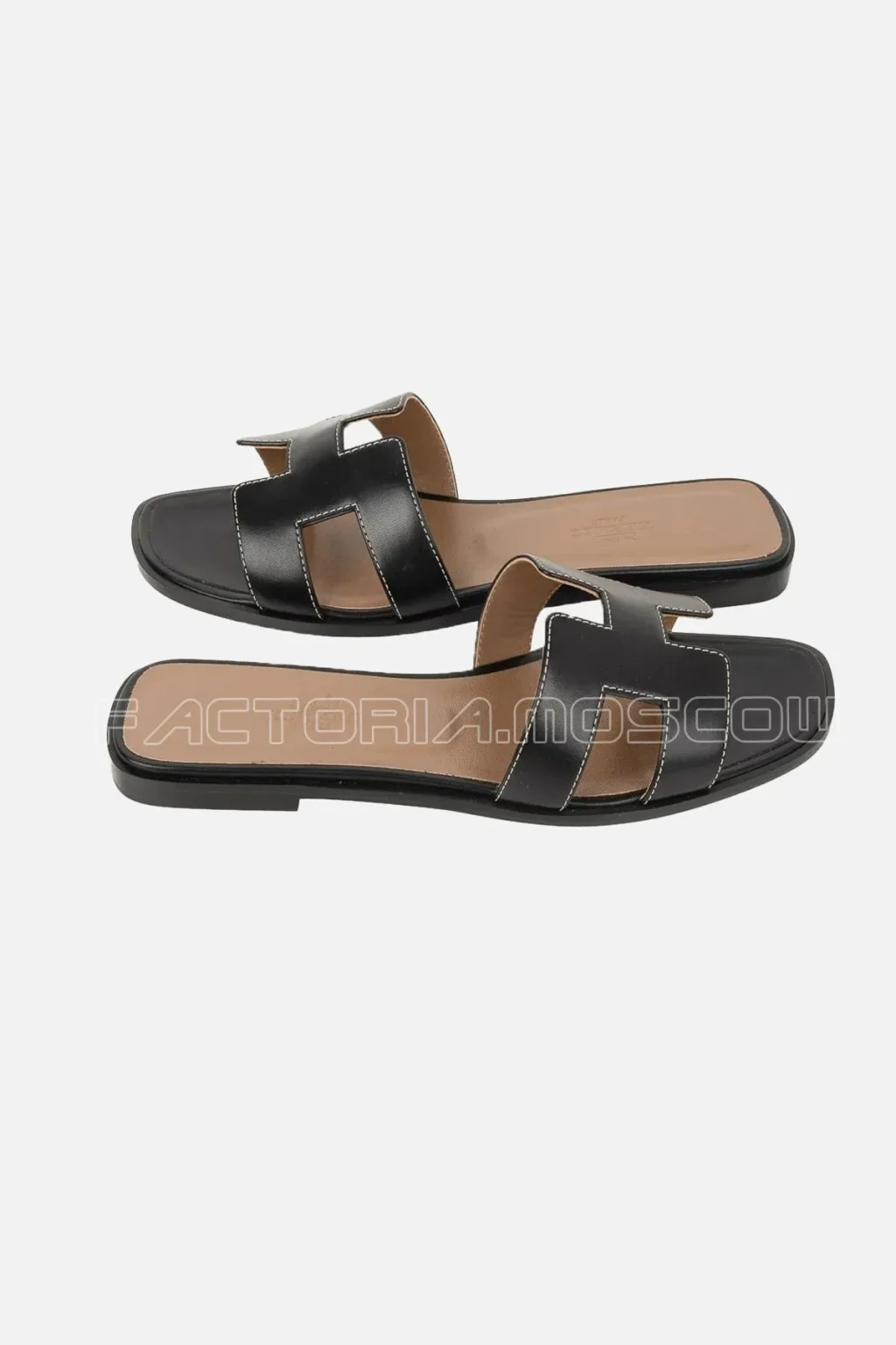 Hermes Shoes Flat Oran Sandal Black Calfskin White Top Stitch