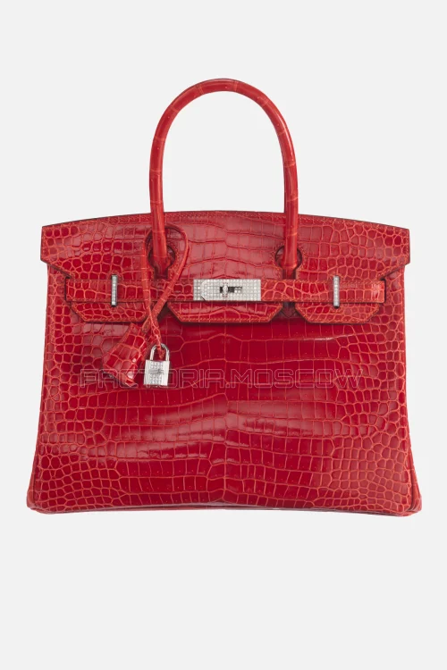 Hermes Birkin 30 Shiny Porosus Crocodile Sanguine With 18K White Gold/Diamond Hardware