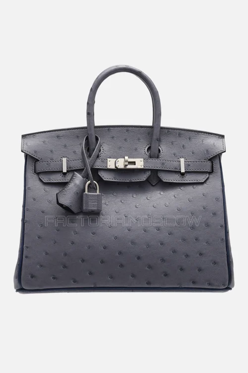 Hermes Birkin 25 Ostrich Gris Agate/Bleu Iris PHW
