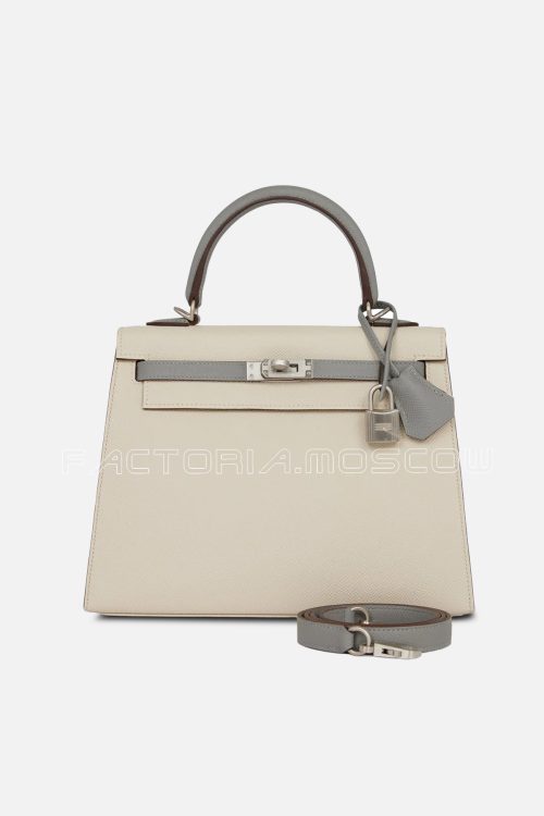 Hermès Special Order (HSS) Kelly Sellier 25 Craie and Gris Mouette Epsom Brushed PHW