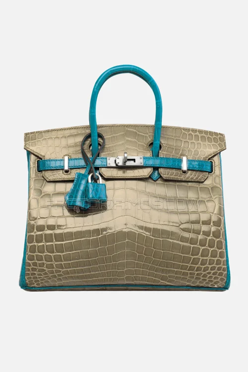 Hermes Birkin 25 Shiny Gris Tourterelle/Bleu Izmir Niloticus Crocodile PHW