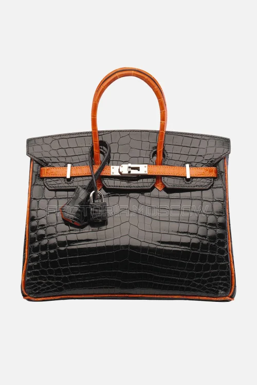 Hermes Birkin 25 Shiny Black/Orange Niloticus Crocodile PHW