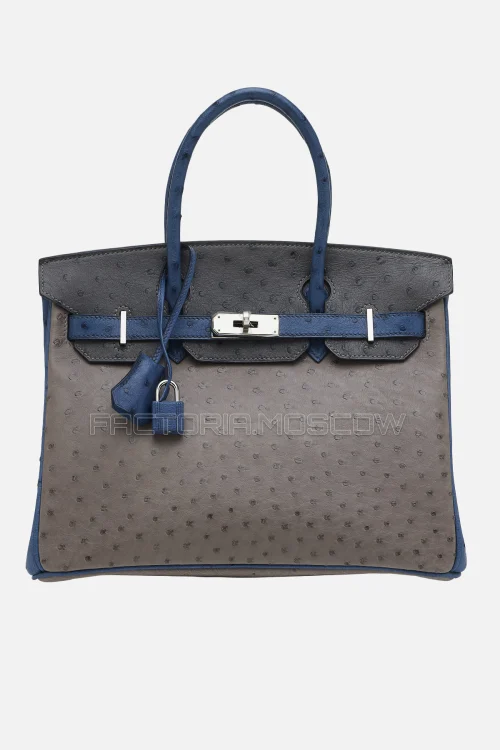 Hermes Birkin 30 Gris Tourterelle/Bleu Roi/Étain Tricolor Ostrich PHW