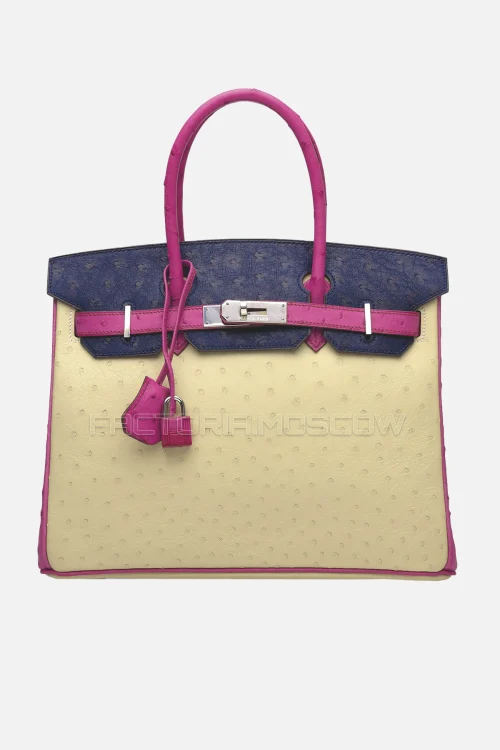 Hermes Birkin 30 Ostrich Parchemin, Rose Tyrien, Bleu Iris PHW