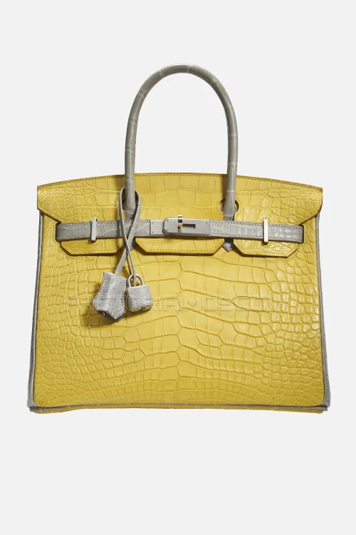 Hermes Birkin 30 Matte Mimosa/Gris Perle Alligator Brushed Palladium Hardware