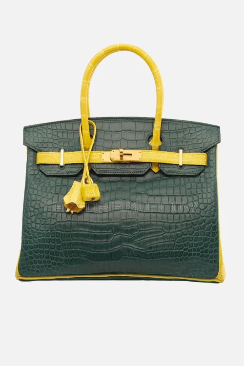 Hermes Birkin 30 Matte Porosus Vert Titien/Mimosa With Brushed Gold Hardware