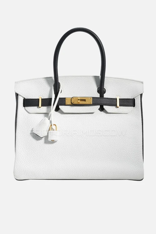 Hermes Birkin 30 Clemence White/Black With Brushed Gold Hardware