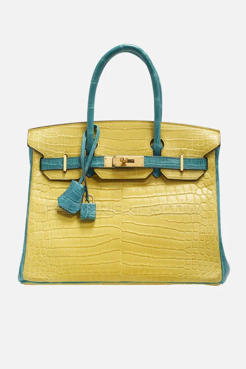 Hermes Birkin 30 Matte Mimosa/Bleu Paon Porosus Crocodile With Brushed GHW