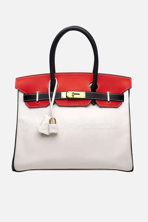 Hermes Birkin 30 White, Black, Rouge Casaque Swift GHW