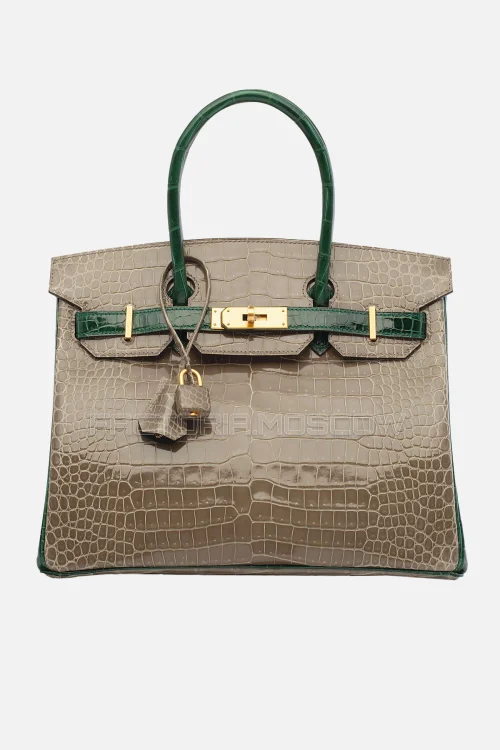 Hermes Birkin 30 Shiny Gris Tourterelle/Vert Fonce Porosus Crocodile With Brushed GHW