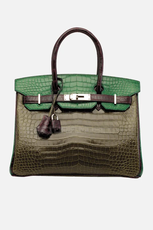 Hermes Birkin 30 Shiny Vert Veronese, Vert Emeraude, Bordeaux Porosus Crocodile PHW