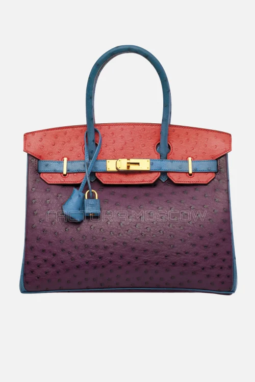 Hermes Birkin 30 Violine, Rouge Vif, Bleu Roi Ostrich With Brushed GHW