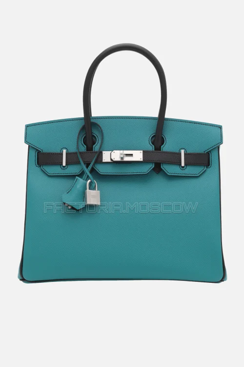 Hermes Birkin 30 Bleu Paon/Black Epsom With Brushed Palladium