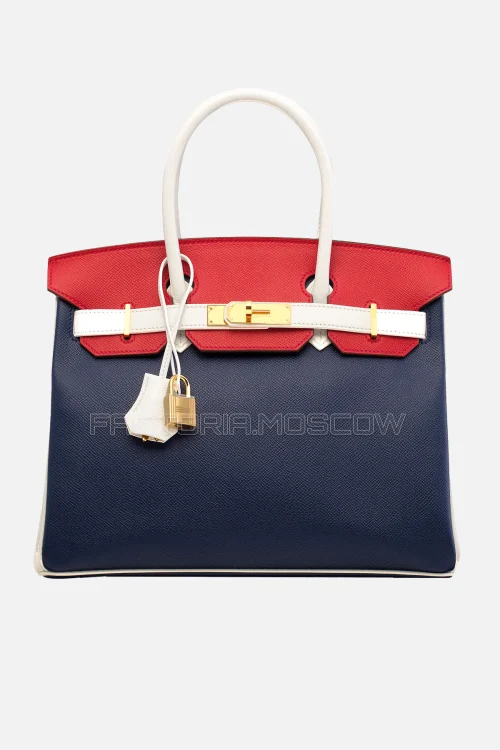 Hermes Birkin 30 Bleu Marine, Rouge Casaque, White Epsom GHW