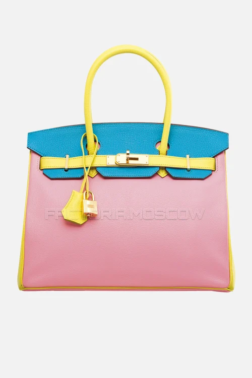 Hermes Birkin 30 Rose Confetti, Soufre, Bleu Azteque Chevre GHW