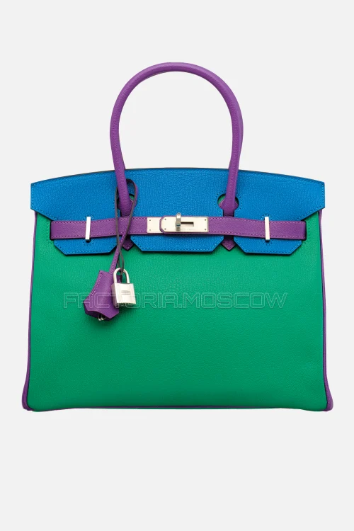 Hermes Birkin 30 Menthe, Bleu Électrique, Violet Chevre Brushed PHW