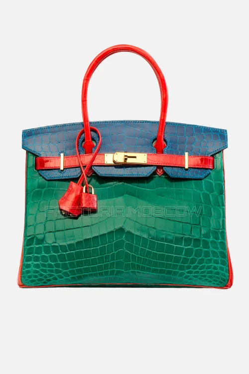 Hermes Birkin 30 Shiny Vert Emeraude, Bleu Izmir, Geranium Niloticus Crocodile GHW