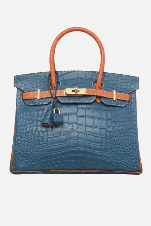 Hermes Birkin 30 Matte Bleu De Malte/Orange Alligator With Brushed GHW