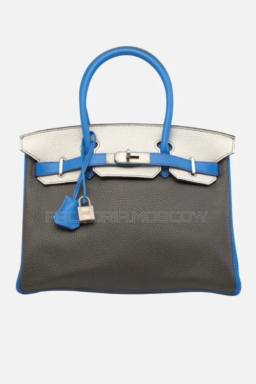 Hermes Birkin 30 Graphite, Gris Perle, Bleu Électrique Clemence With Brushed PHW