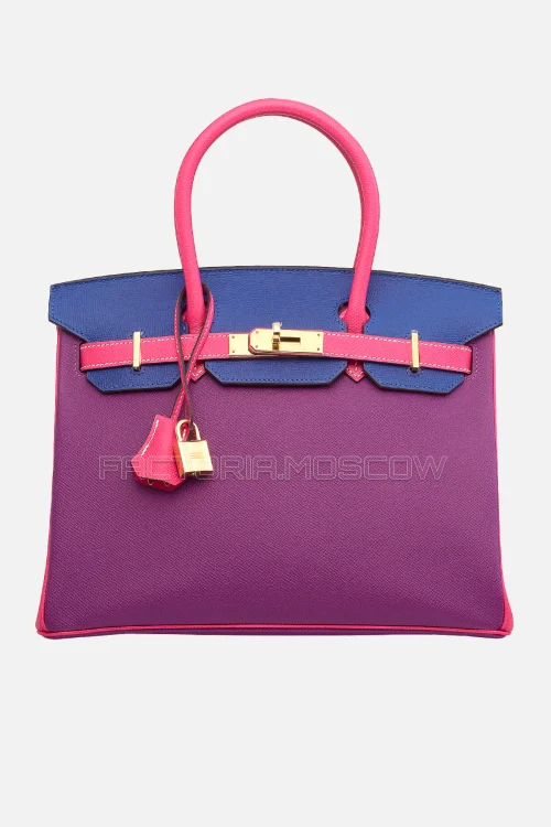 Hermes Birkin 30 Anemone, Rose Tyrien, Bleu Électrique Epsom GHW