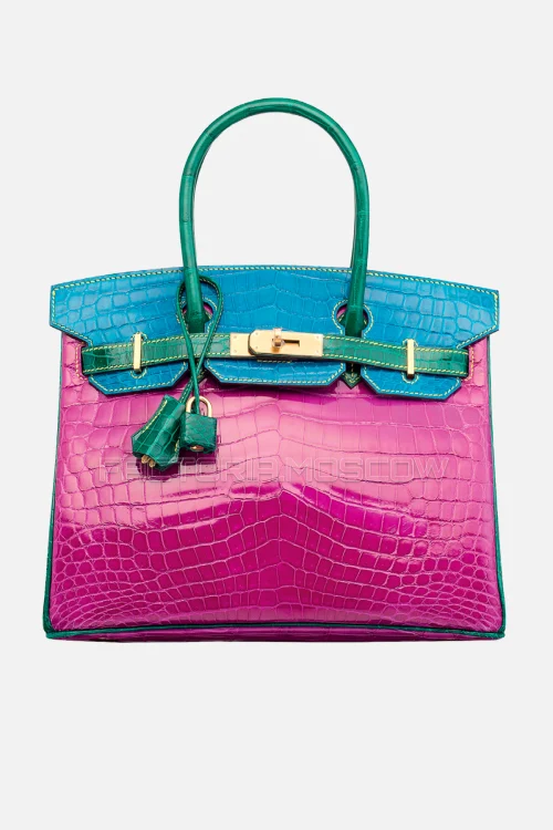 Hermes Birkin 30 Shiny Rose Scheherazade, Vert Emeraude, Bleu Izmir Niloticus Crocodile With Brushed GHW