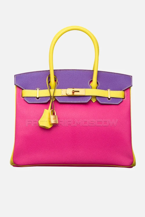 Hermes Birkin 30 Tri-Color Rose Shocking, Violet, Soufre Chevre With Brushed GHW