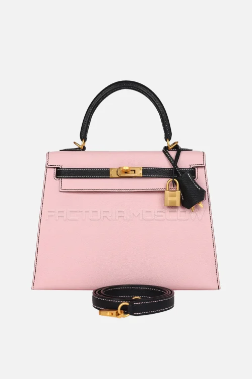Hermès HSS Kelly Sellier 25 Rose Sakura/Black Chevre Mysore Brushed Gold Hardware