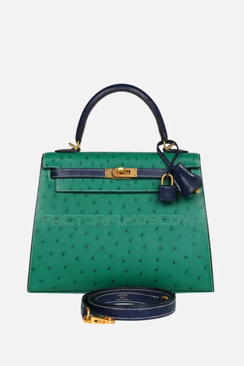 Hermès HSS Kelly Sellier 25 Vert Vertigo/Bleu Iris Ostrich Brushed GHW