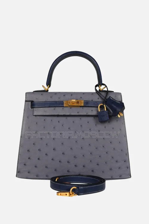 Hermès HSS Kelly Sellier 25 Gris Agate/Bleu Iris Ostrich Brushed Gold