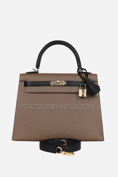 Hermès HSS Kelly Sellier 25 Black/Etoupe Chevre Mysore Permabrass Hardware