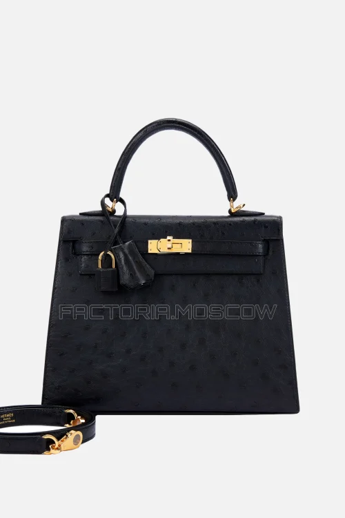 Hermès Kelly Sellier 25 Black Ostrich GHW