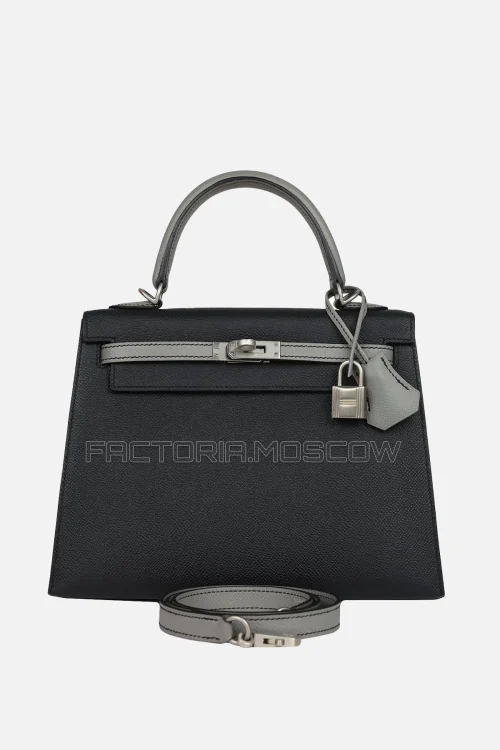Hermès HSS Kelly Sellier 25 Black/Gris Mouette Epsom Brushed GHW