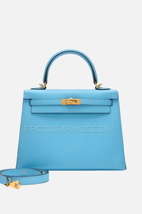 Hermès Kelly Sellier 25 Bleu Céleste Epsom GHW