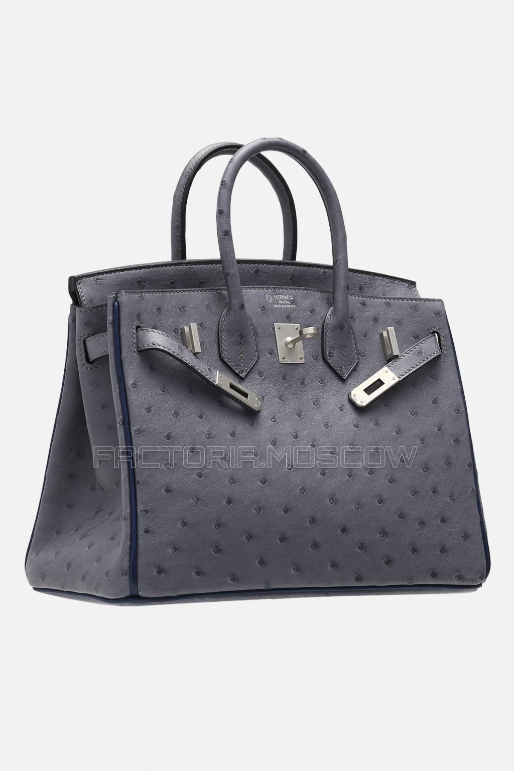 Hermes Birkin 25 Ostrich Gris Agate/Bleu Iris PHW