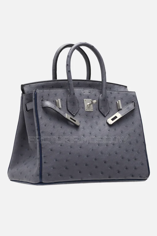 Hermes Birkin 25 Ostrich Gris Agate/Bleu Iris PHW