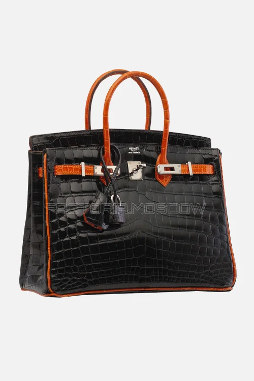 Hermes Birkin 25 Shiny Black/Orange Niloticus Crocodile PHW