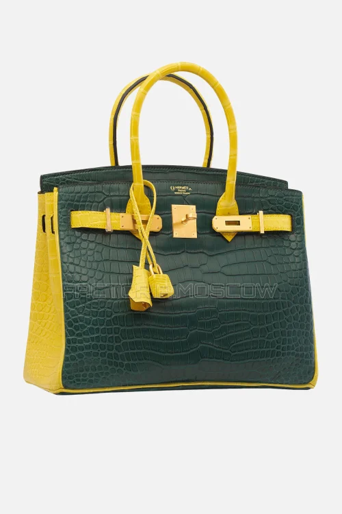 Hermes Birkin 30 Matte Porosus Vert Titien/Mimosa With Brushed Gold Hardware