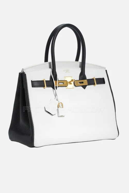 Hermes Birkin 30 Clemence White/Black With Brushed Gold Hardware