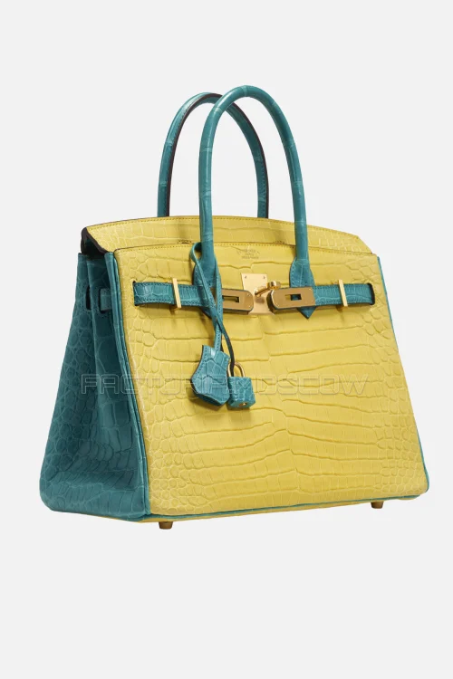 Hermes Birkin 30 Matte Mimosa/Bleu Paon Porosus Crocodile With Brushed GHW