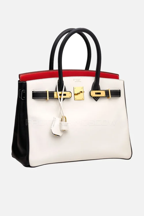 Hermes Birkin 30 White, Black, Rouge Casaque Swift GHW